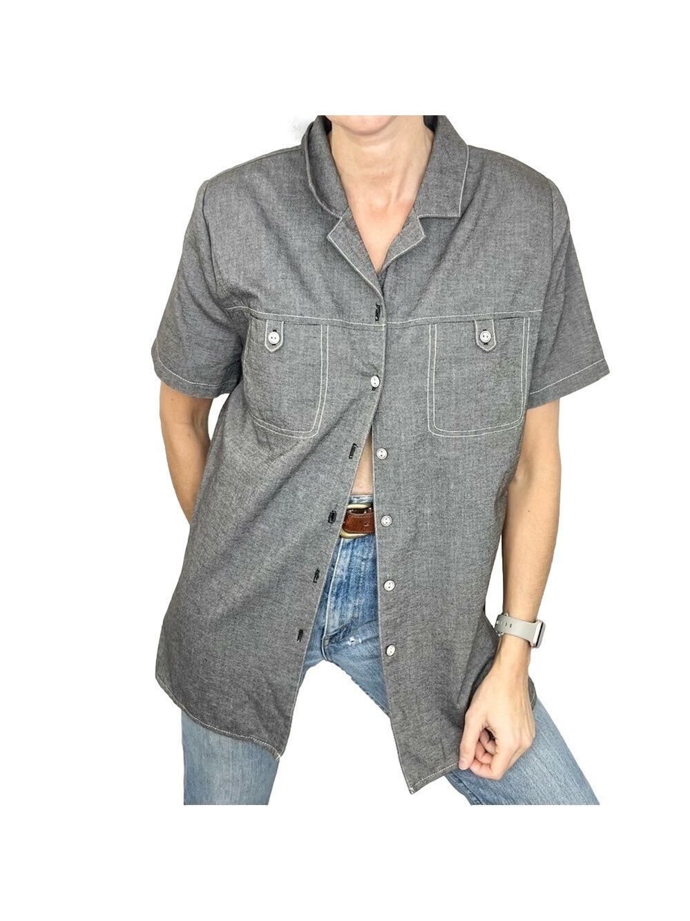 Vintage 80s 90s grey button up button back short sleeve minimalist tunic top